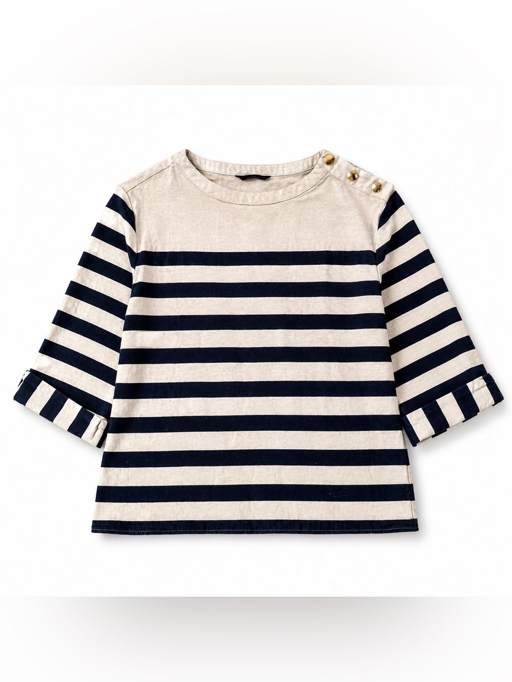 Zara Women’s XS Navy & Cream Striped Top Gold Button Shoulder 3/4 Sleeve